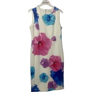 Calvin Klein Sleeveless White Large Blue Pink Floral Print Scuba Sheath Dress